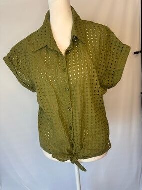 Stem & Vine Olive Eyelet Fabric Button-Down Tie-Hem Shirt